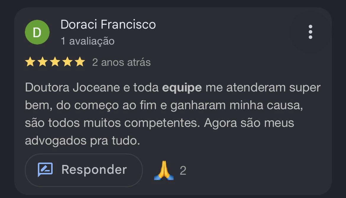 Avaliação de Doraci Francisco no Google sobre o atendimento do escritório
