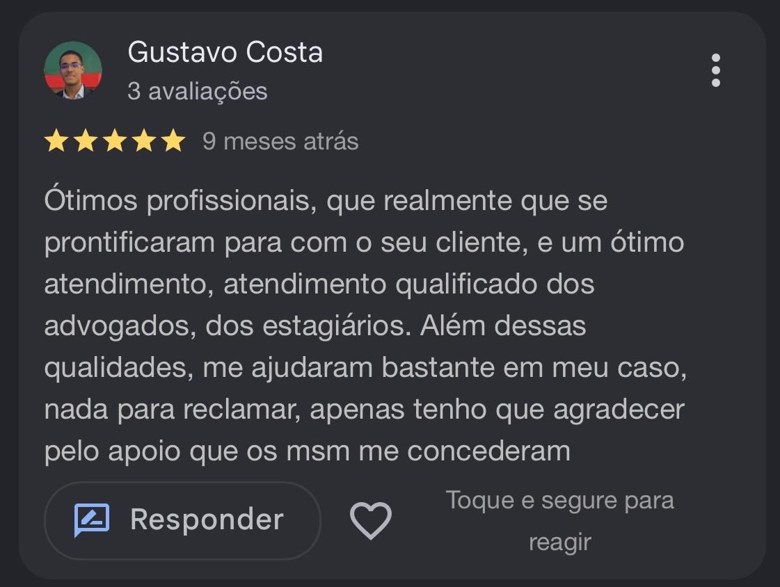 Avaliação de Gustavo Costa no Google sobre o atendimento do escritório