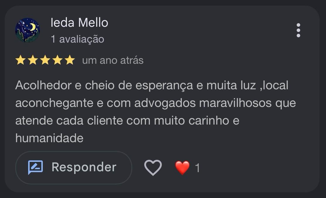 Avaliação de Ieda Mello no Google sobre o atendimento do escritório
