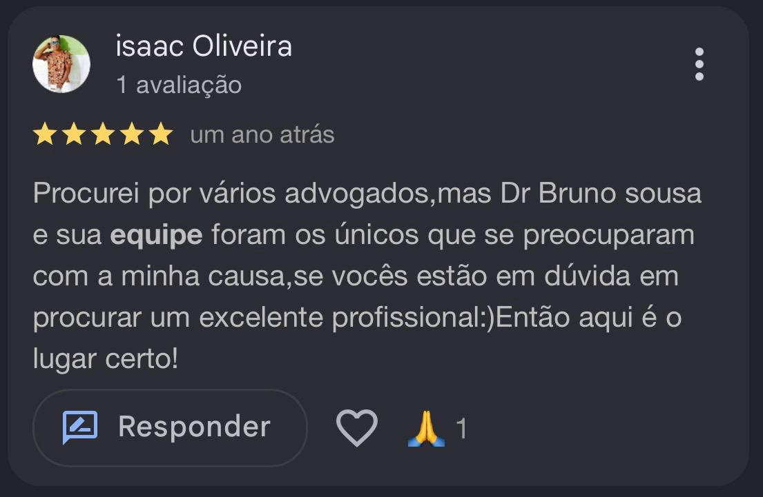 Avaliação de Isaac Oliveira no Google sobre o atendimento do escritório