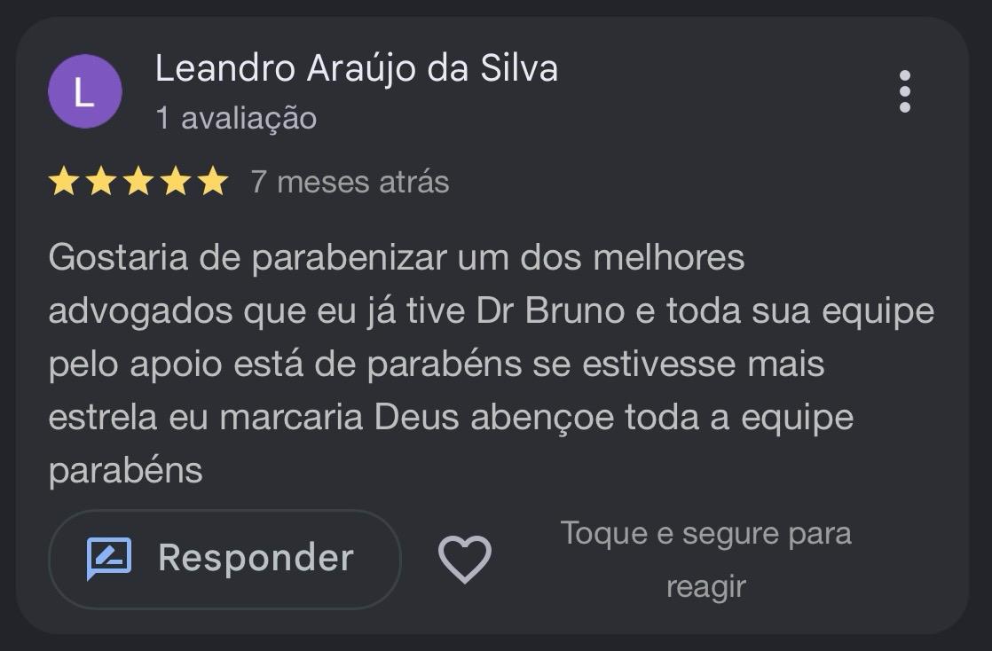 Avaliação de Leandro Araújo da Silva no Google sobre o atendimento do escritório